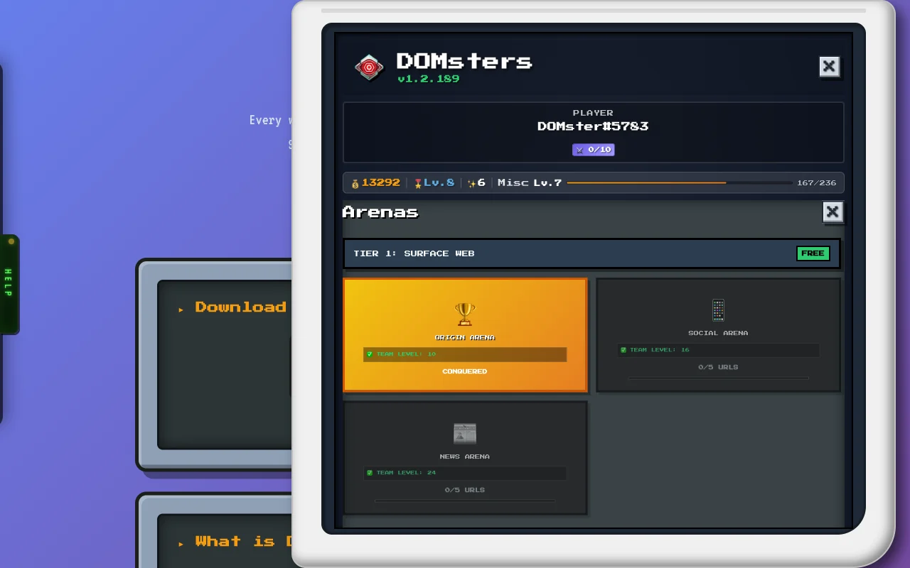 Vista de Arenas: Tier 1 Surface Web con Arena Origen conquistada, Arena Social y Arena Noticias