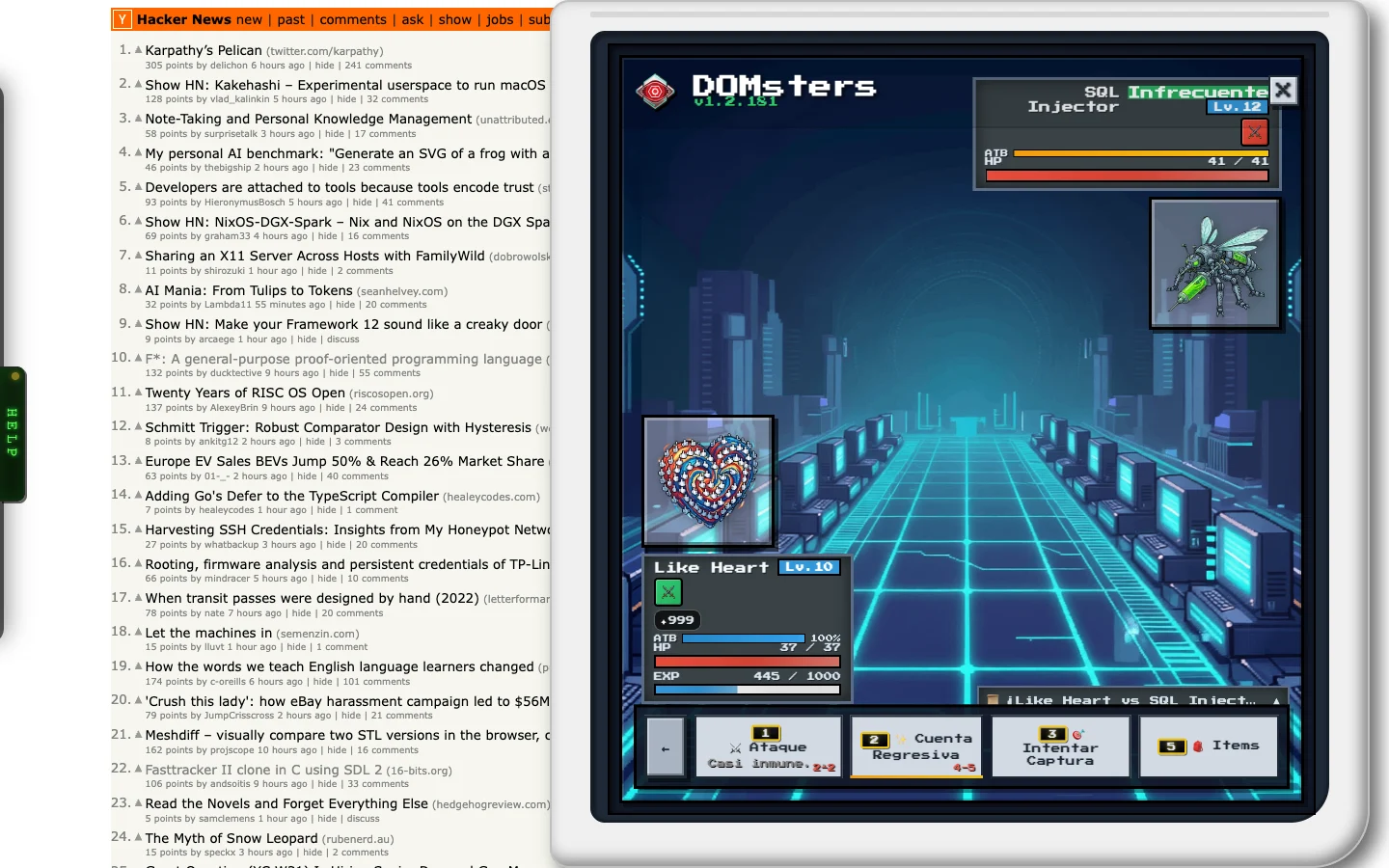 Combate en Hacker News: Like Heart contra SQL Injector en la arena ciberpunk