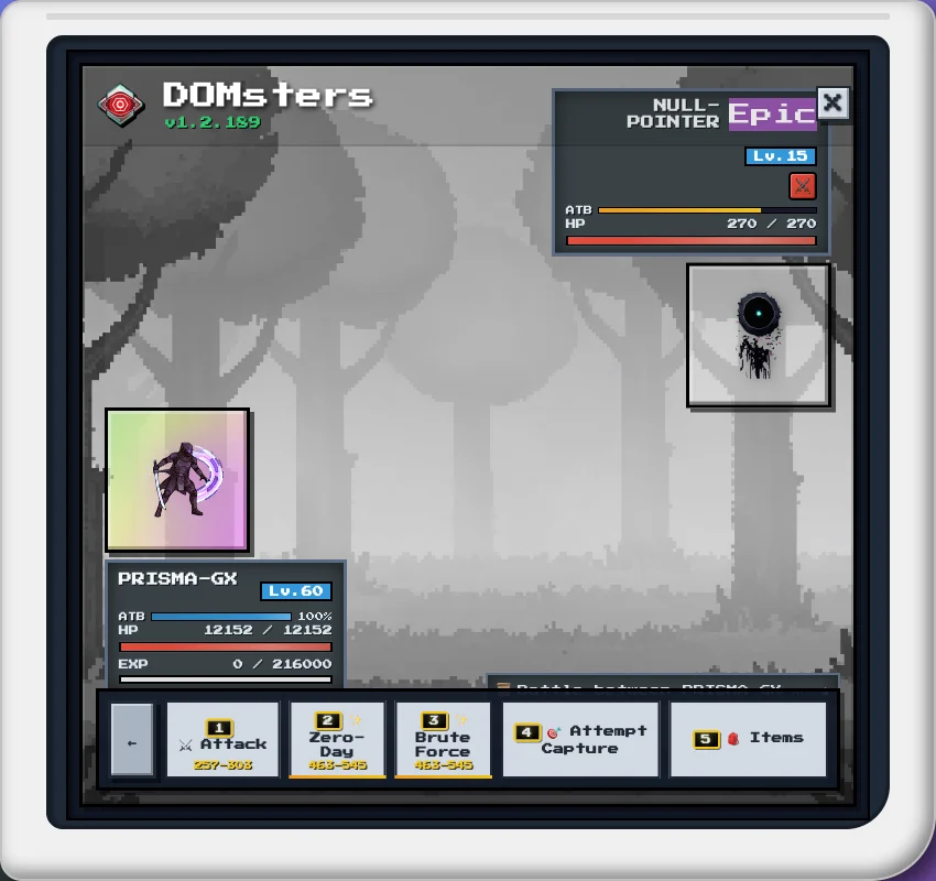 Combate: PRISMA-GX nivel 60 contra NULL-POINTER, con barras ATB y perks Zero-Day y Brute Force