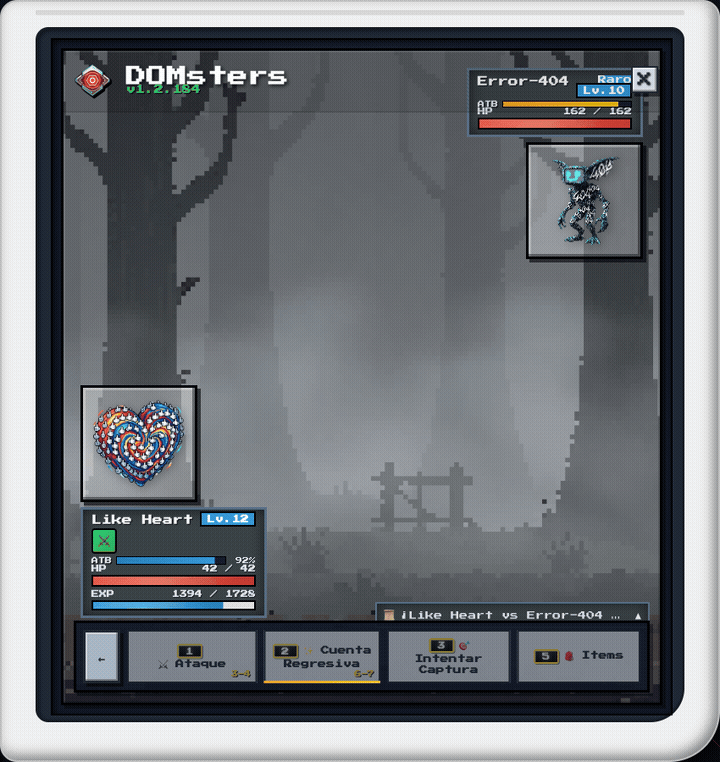 Combate real de DOMsters: Like Heart contra Error-404 en el bosque, con barras ATB y dock de acciones