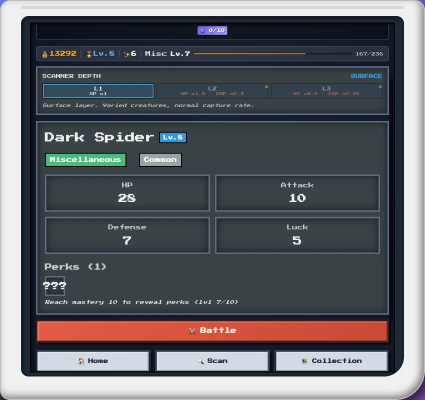 Pantalla de escaneo: Dark Spider, tipo Misceláneo, común, con HP, ataque, defensa y suerte